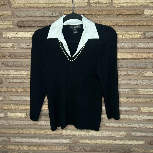 August Silk Black Silk Blend Collared Faux Pearl Beaded Accents V Neck Sweater - Picture 6 of 7